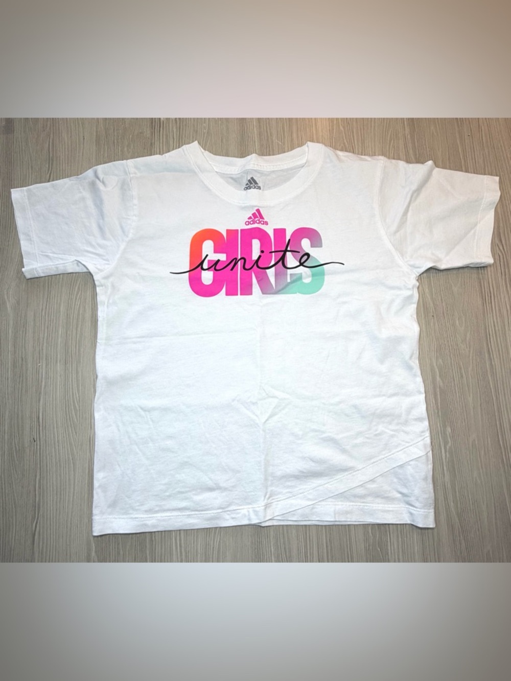 Adidas Girls Unite T-Shirt Size L (14) White Graphic Tee Cotton Short Sleeve